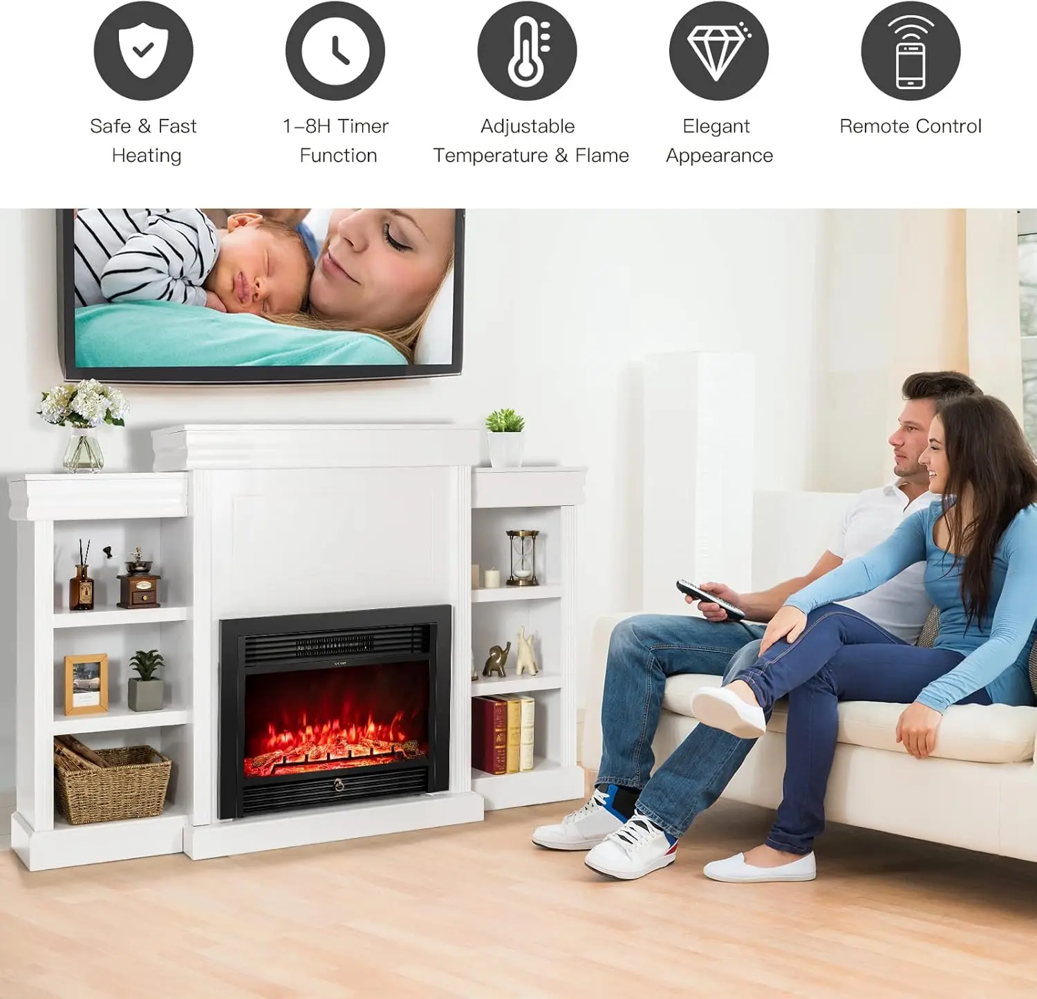 70 Inches Mantel Fireplace, 750W/1500W Electric Fireplace w/Mantel & Built-in Bookshelves,1-8H Timer 2