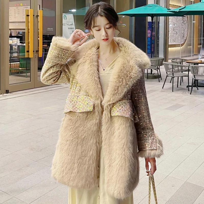 2023 New Women Faux Fur Coat Fashion Patchwork Mid-Length Loose Thick Warm Outcoat Female Temperament Imitation Fox Fur Outwear