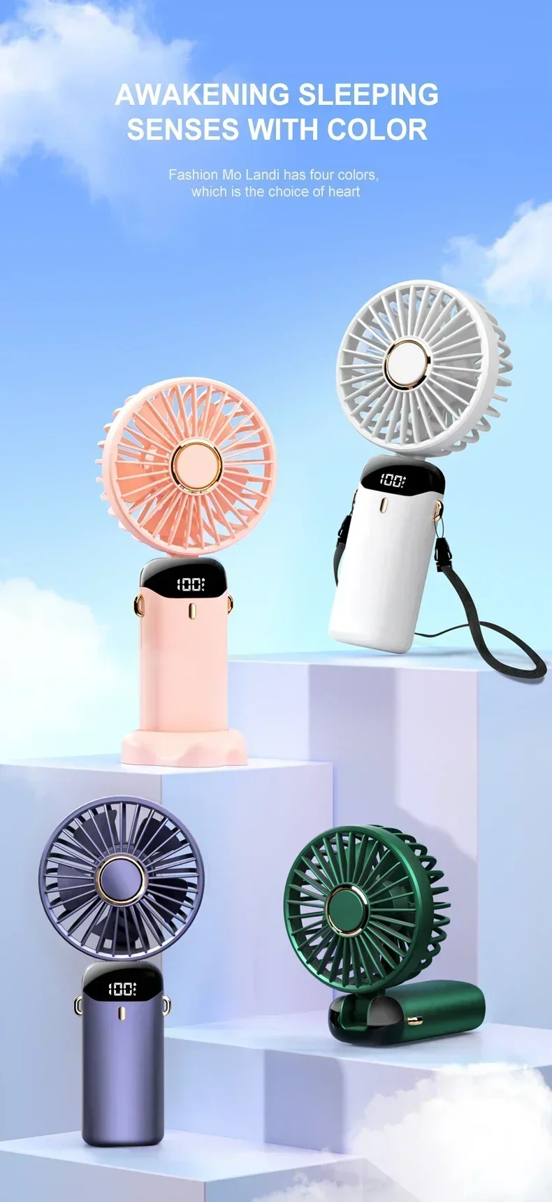 Portable Handheld Mini Fan 3000mAh Foldable Neck Hanging Fan