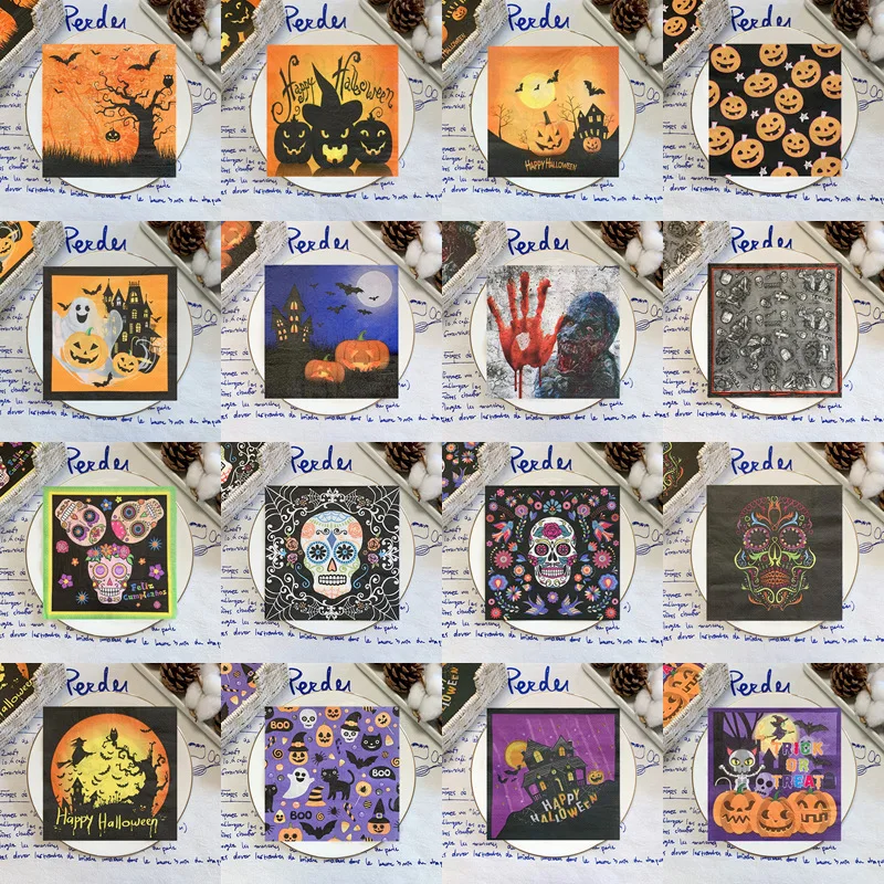 20Pcs/Pack Halloween Flower Skull Decoupage Paper Napkins Frightening Haunted House Pumpkin Paper Tissues for Halloween Party 