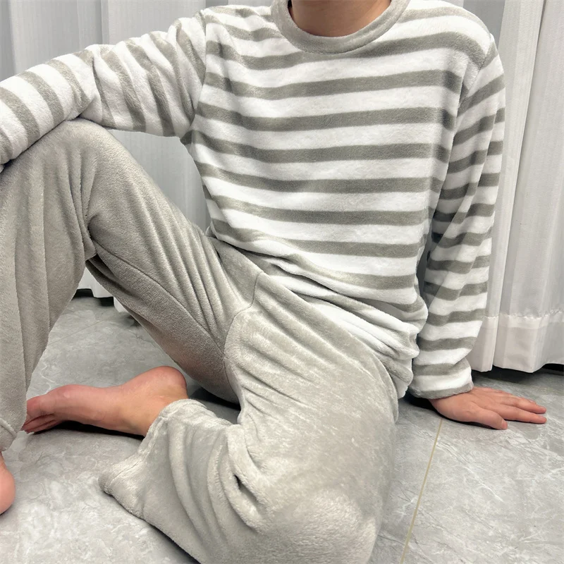 Pajama Sets For Men Autumn Winter Gray Striped