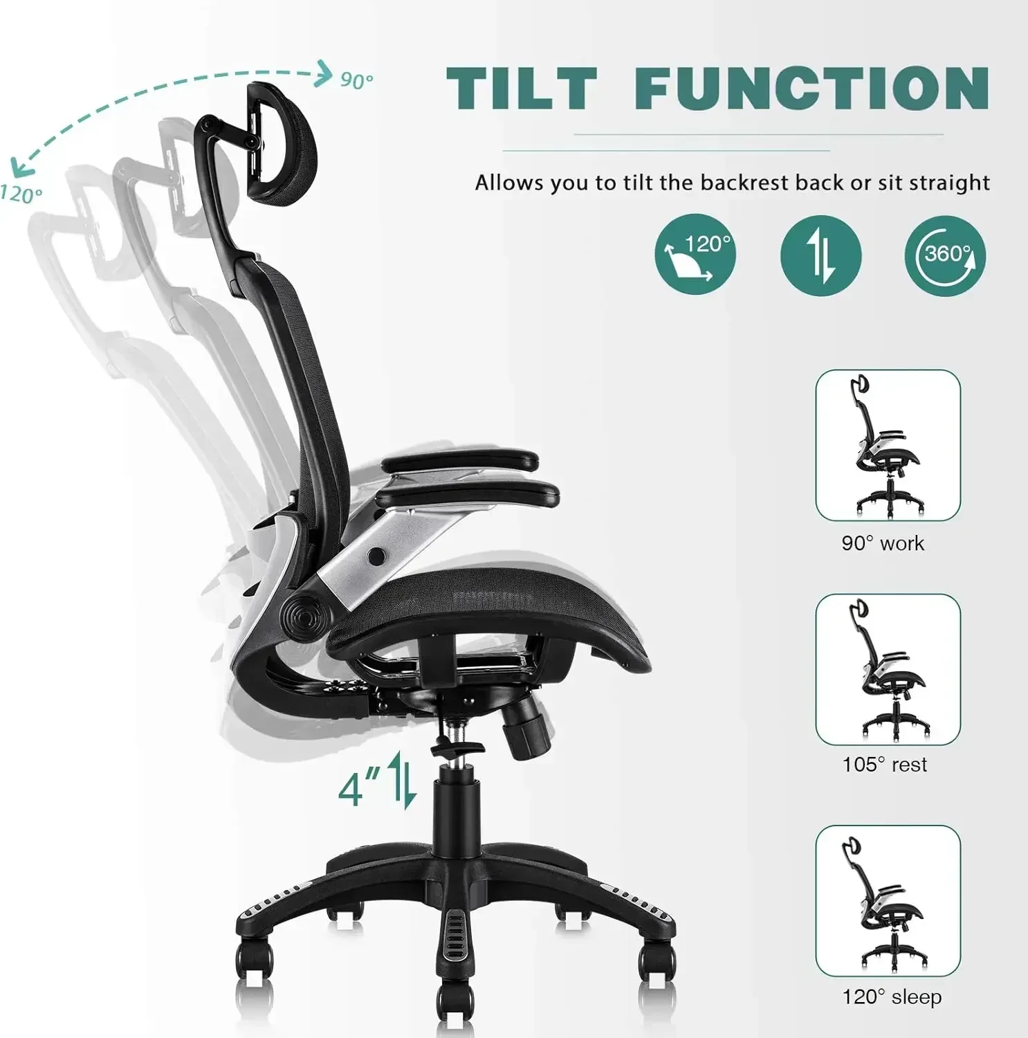 NEW-Ergonomic Mesh Office Chair, High Back Desk Chair - Adjustable Headrest with Flip-Up Arms, Tilt Function, Lumbar Support
