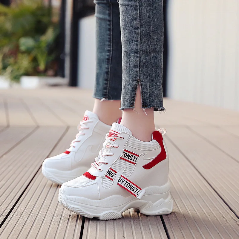High Flat Platform 9cm Height Increasing Casual Shoes Woman 2023 Spring New Hidden Wedge Sneakers Female Vulcanize Shoes