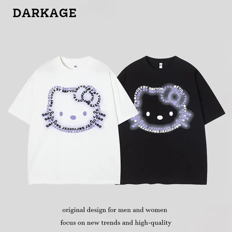 

American Street Style Sanrios T-Shirt Hellokitty Letter Printed Short Sleeve Loose Trend Top Summer Cotton Student Couple Gifts