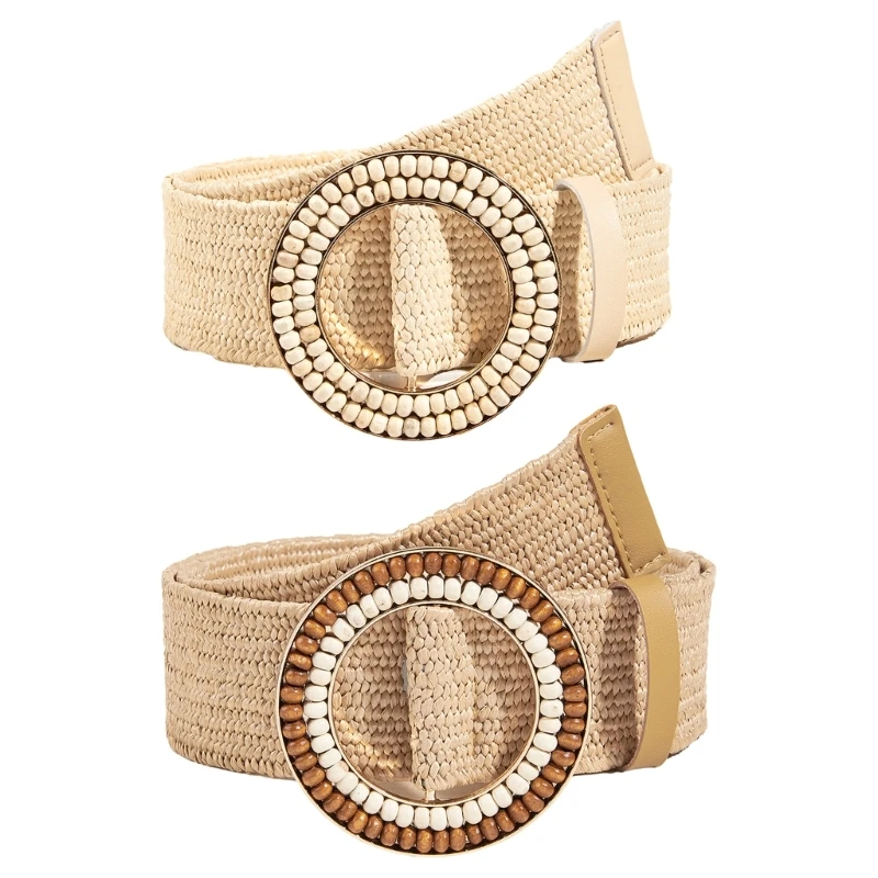 

MXMB Ethnic-style Handwoven Belt for Women Vintage Straw Belts Round Buckle Vacation Waist Belt for Female Waist Accessories