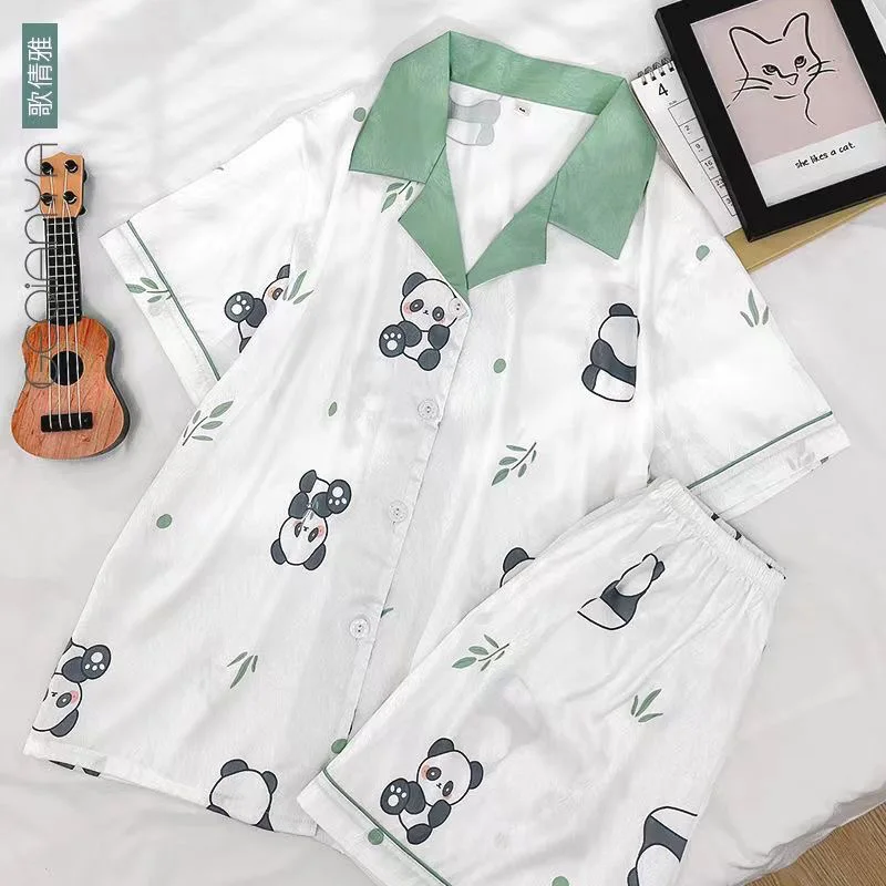 Summer Women Girl Fashion Flower Short Pajamas Sets Faux Silk Sleepwear Home Clothes