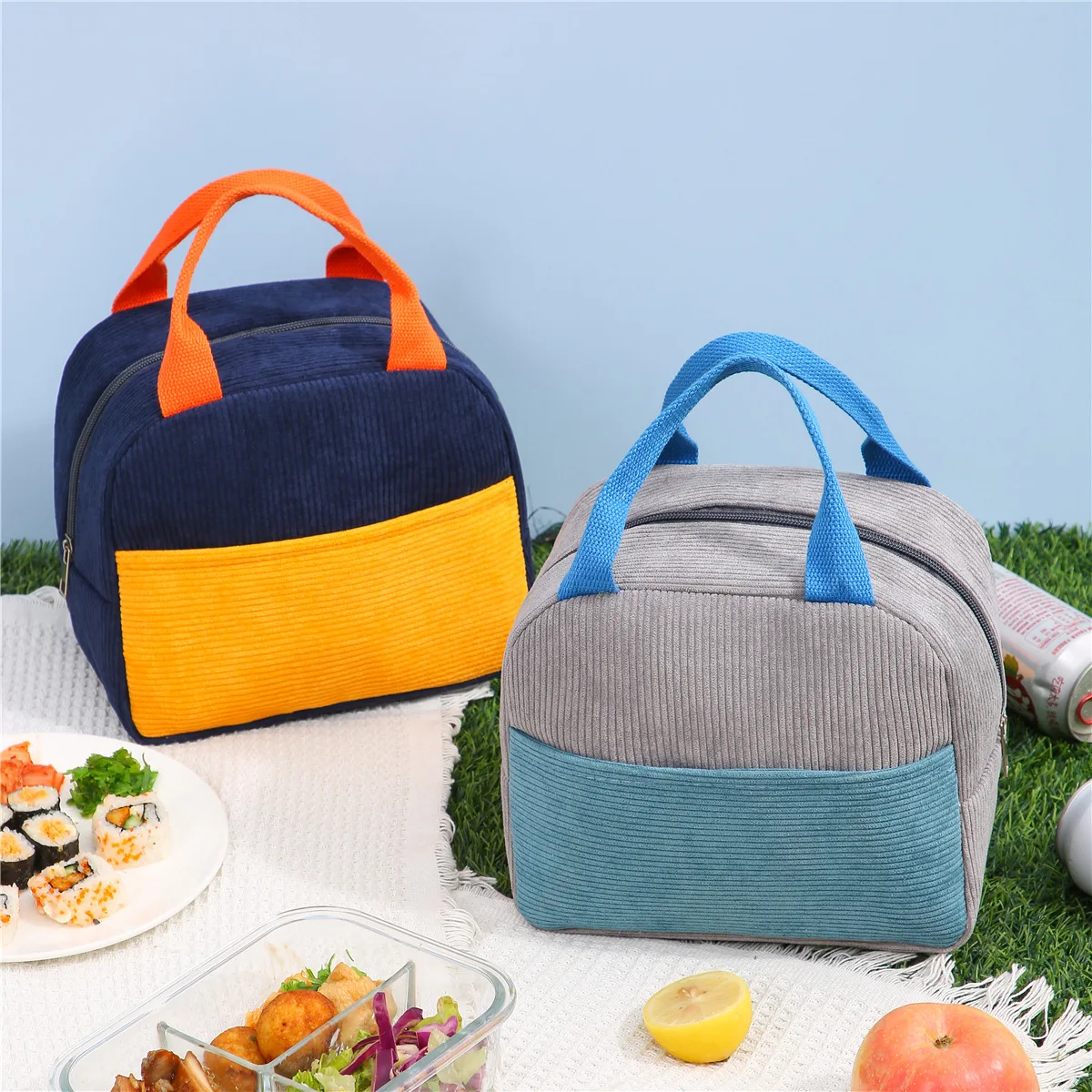 Corduroy Insulated Lunch Bags For Women Breakfast Bento Box Thermal Organizer Food Zipper Container Cooler Travel Picnic Handbag