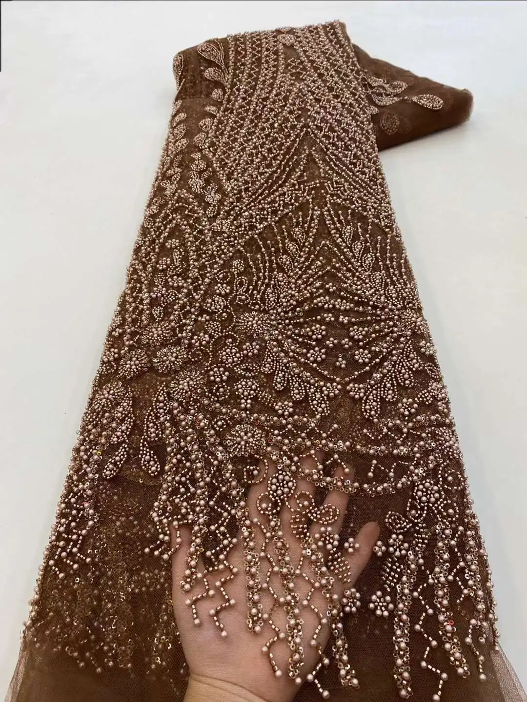 Sequins Jacquard Lace Fabric Brown Sequin Beaded Embroidery French Net Lace With Beads Nigerian Sequins