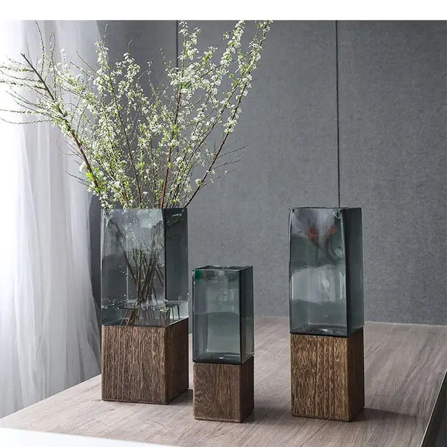 Square Hydroponic Glass Vase Wood Base Flower Pots Desk Decoration Artificial Flower Decorative Floral Arrangement Green Vases