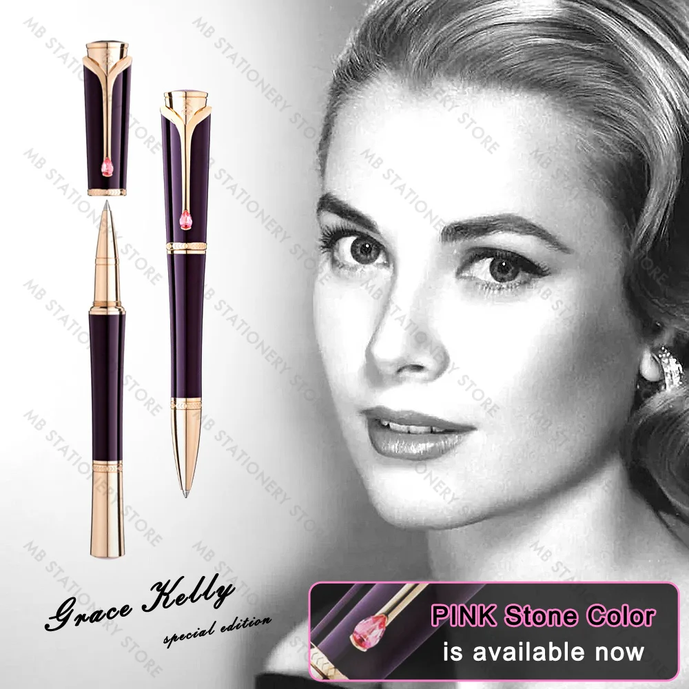 PPS Grace Kelly Dark Purple MB Rollerball Ballpoint Pen With Teardrop Shape Diamond Stone Clip Writing Smooth Great Actress