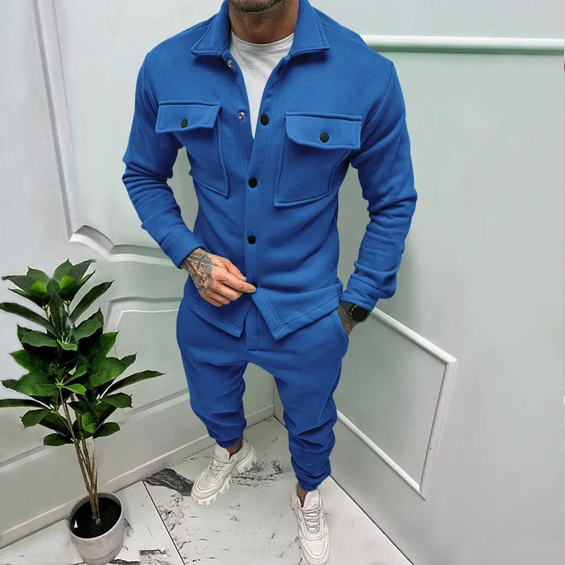 Autumn and Winter Fashion Men's Suede Single-breasted Solid Color Slim Two-piece Set