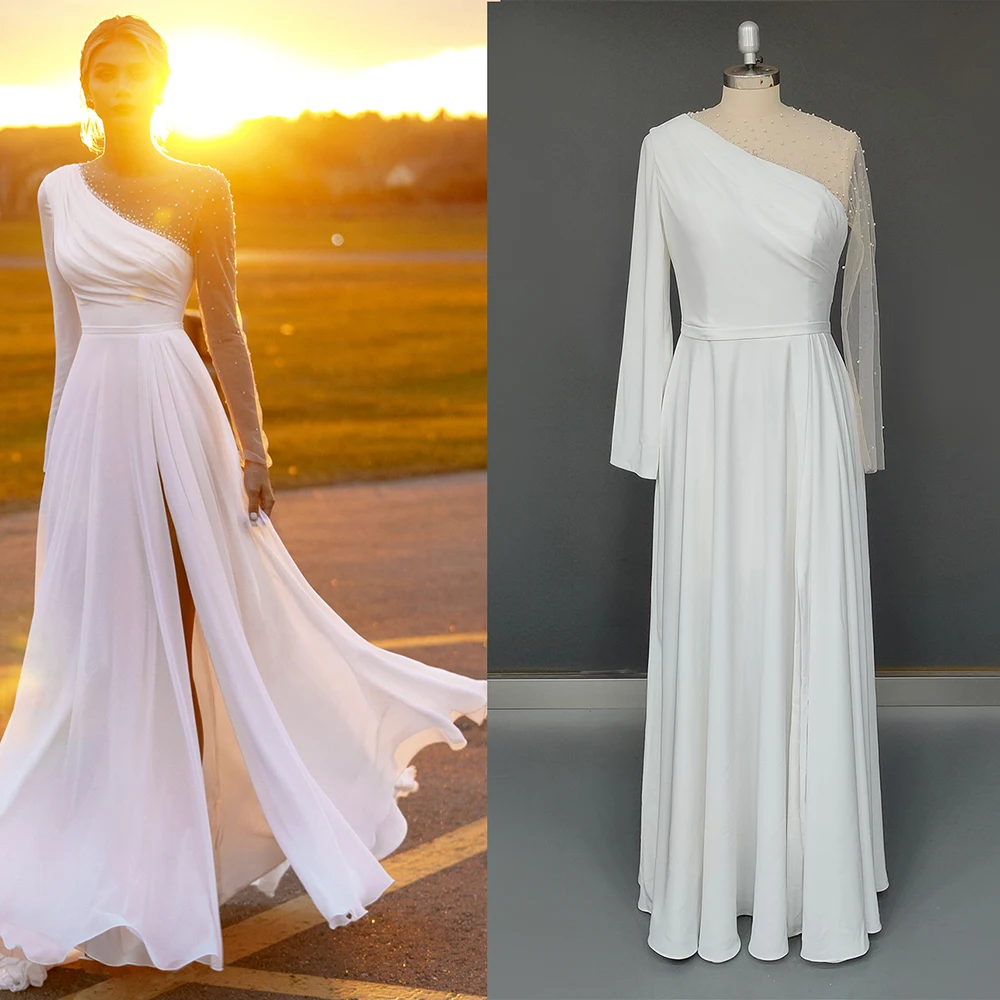 

Boat Neck Beaded Bridal Gown Boho Beach Custom Made Floor Length Long Sleeves Chiffon Front Slit Wedding Dress Vestido De Noiva