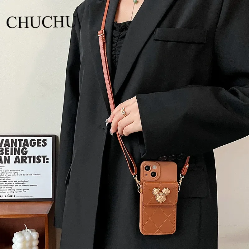 Disney Mickey Mouse Phone Case for IPhone 14 Pro Max 13 11 12 X XR XS Max Cover Luxury Leather Wallet Crossbody Lanyard Soft