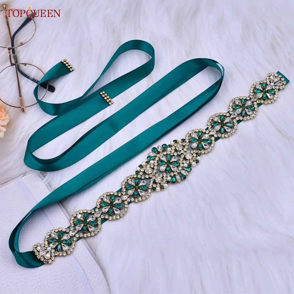 TOPQUEEN S161-KL New Bridal Wedding Dress Belt for Women Gold Handmade Luxury Sash Accessories Daily Party Gown Green Rhinestone