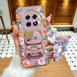 Elegant Rose Gradient Phone Case Set with Lanyard and Rabbit Stand for Realme 14 Pro (PURPLE)