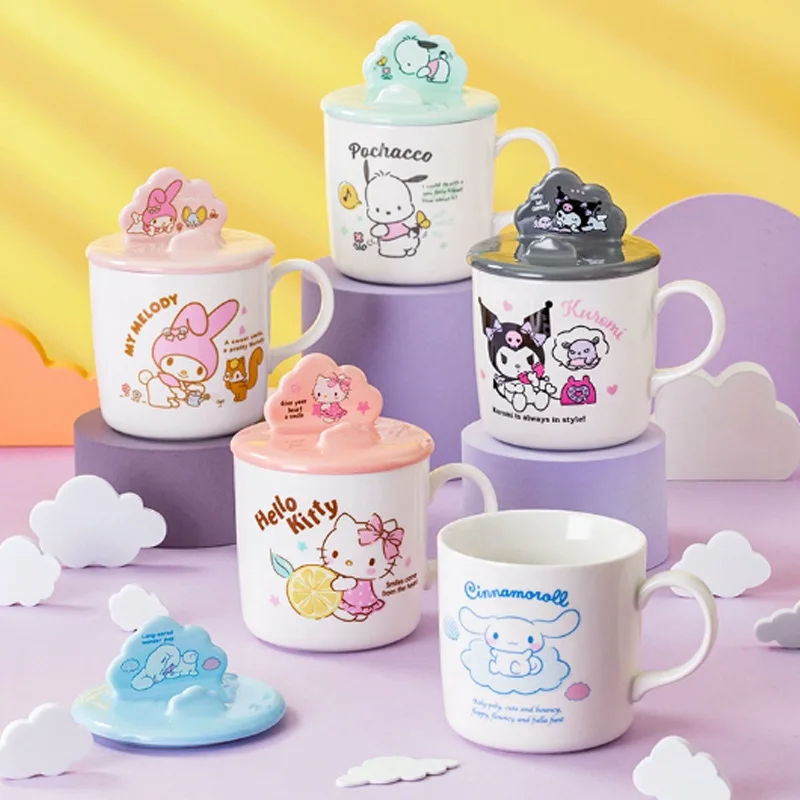 Kawaii Sanrio керамическая кружка с крышкой Hello Kitty Kuromi My Melody Cinnamoroll Pachacoo Милая чашка для воды для студентов аниме мультяшный подарок