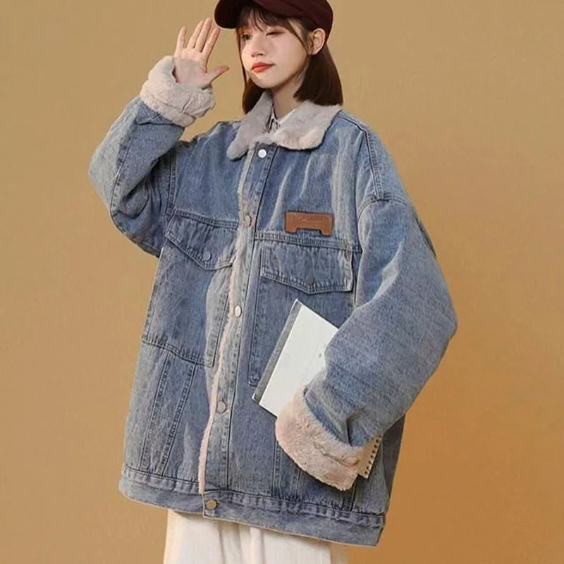 

Lambswool Denim Jacket Autumn Winter Women Thick Warm Lapel Long Sleeve Black Jeans Jacket Female Vintage Loose Distressed Coat