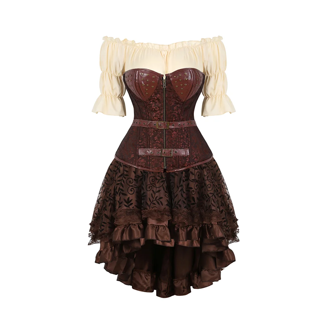 

Woman Steampunk Locking Corset Dress, Medieval Straps Leather Pirate Skirt Sets, Zipper Overbust Corset Halloween Sexy Costumes