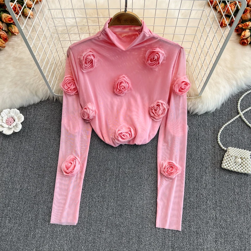 

2022 Spring and Autumn Three-dimensional Flower Long Sleeve Elastic Mesh Top Slim Short High Collar Shirt
