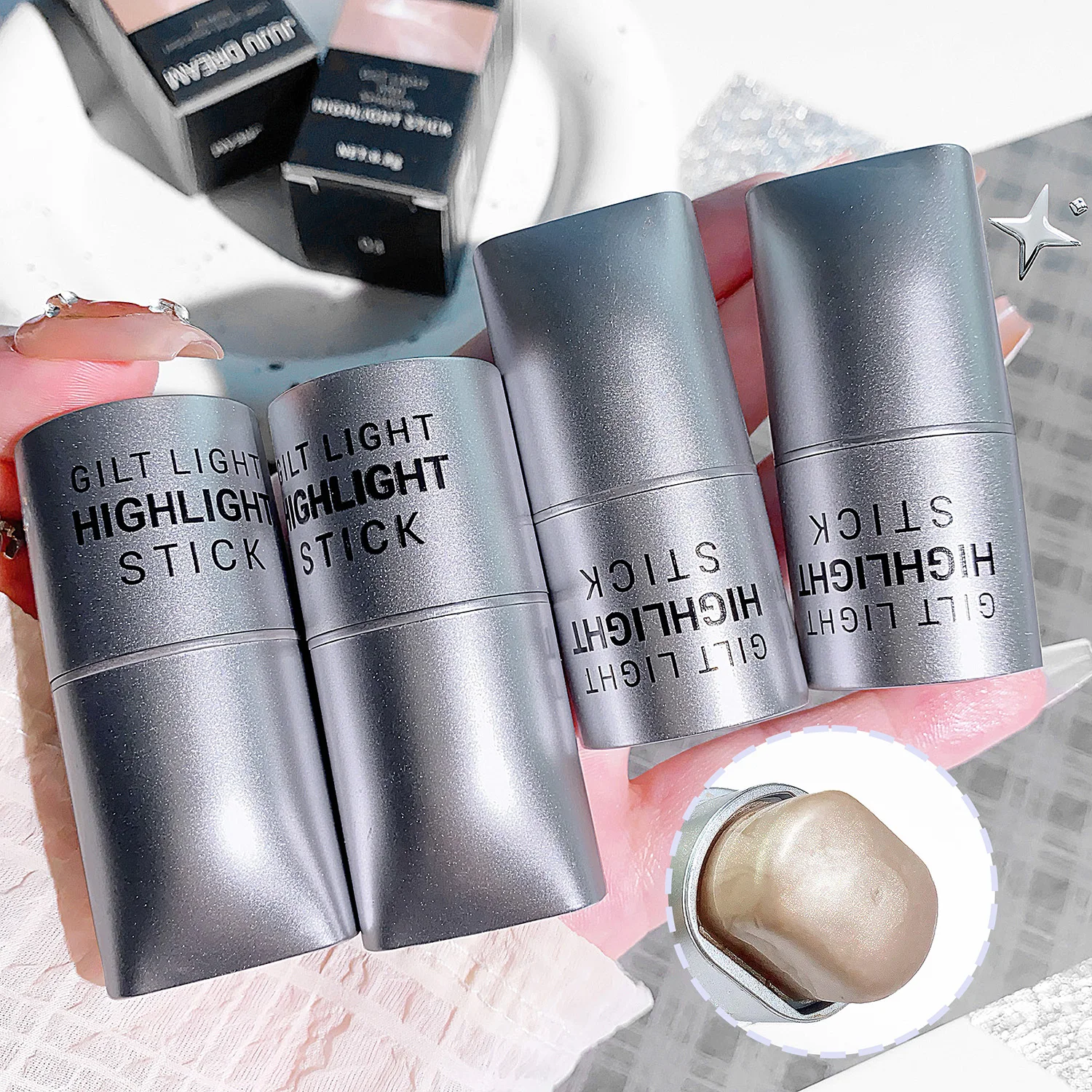 Clear highlighter stick, pearlescent fine shimmer, facial watery skin