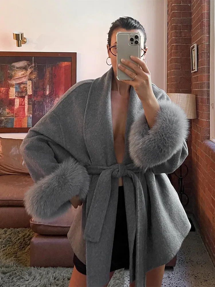 Fashion Belt Fur Women's Jacket Chic Feather Long Sleeve Loose