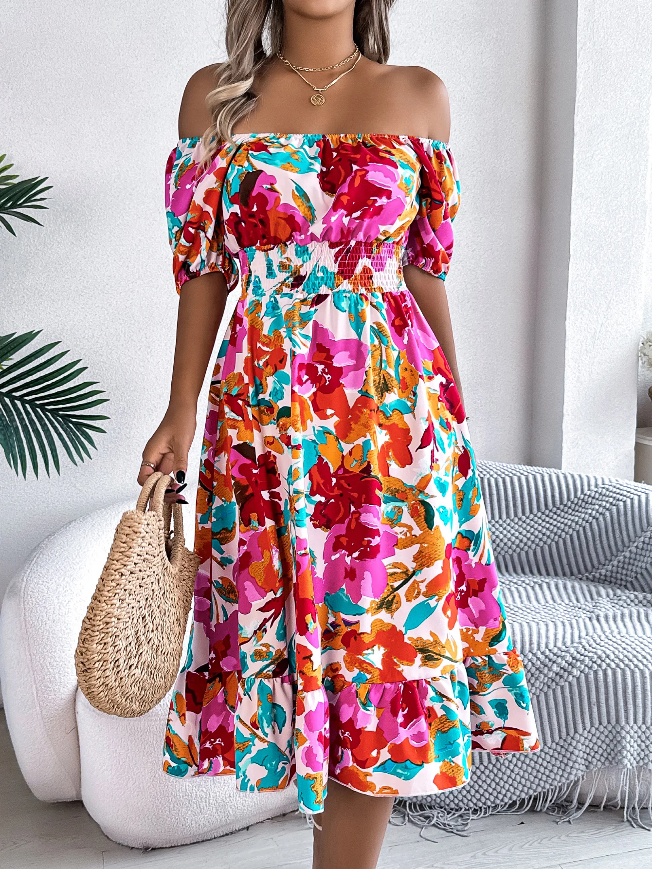 Floral Print Square Neck Short Sleeve Dress for Women