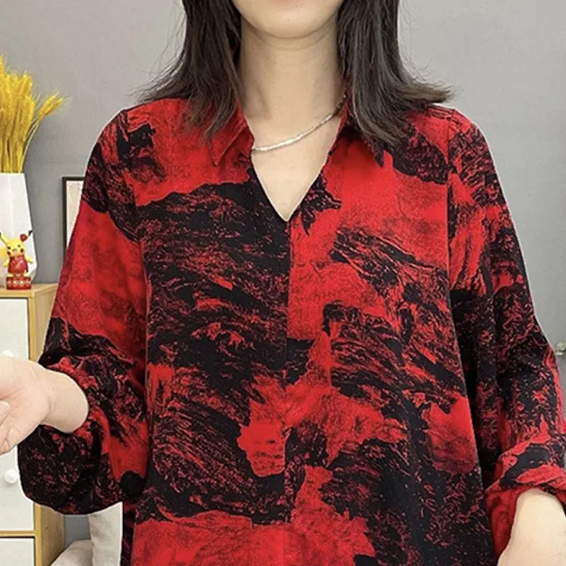 Korean All-match Printing Long Sleeve Shirt Women's Clothing 2023 Spring Fashion Casual Pullovers Turn-down Collar Blouse Female