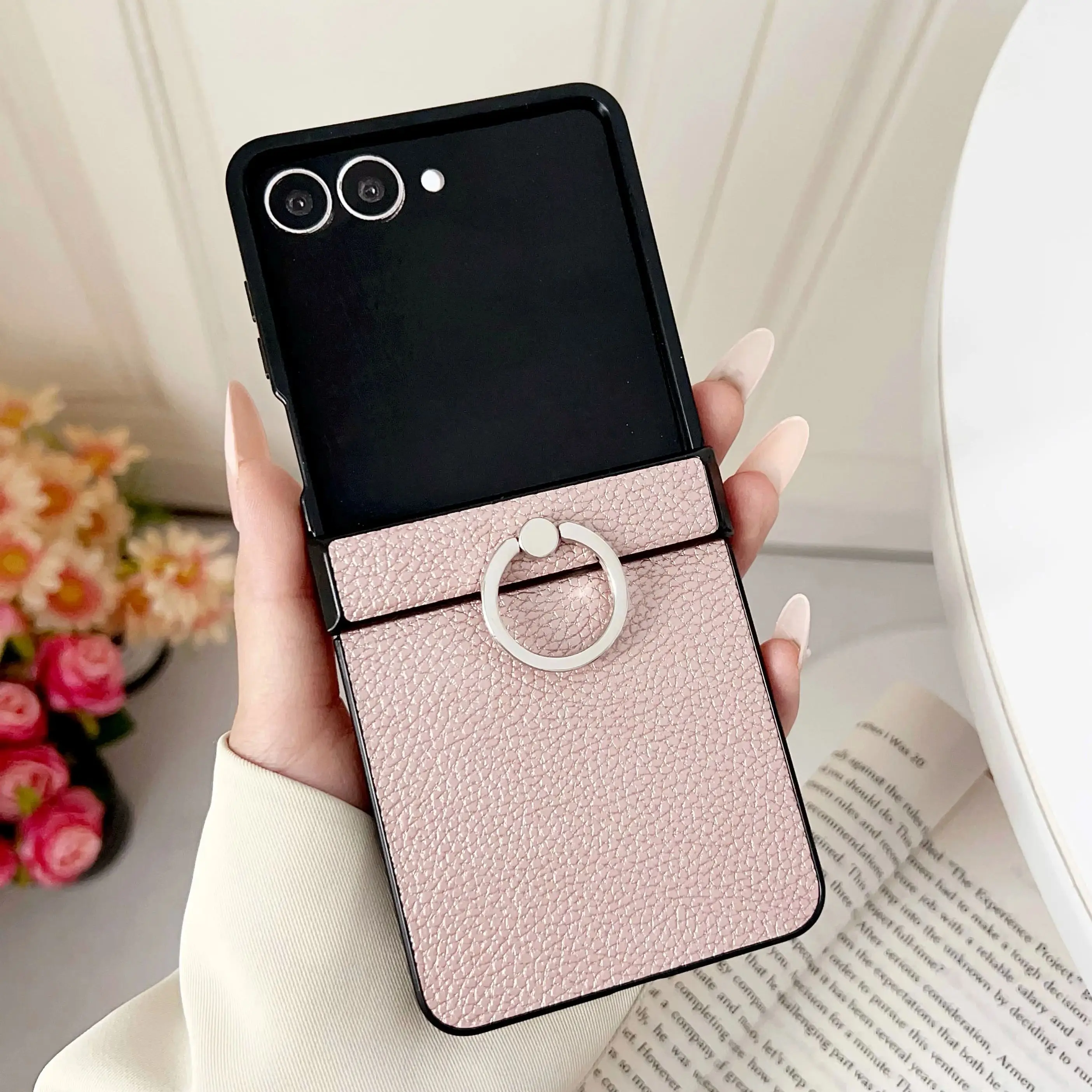 Litchi Texture Leather Foldable Phone Case with Ring Holder - Shockproof Protective Back Cover