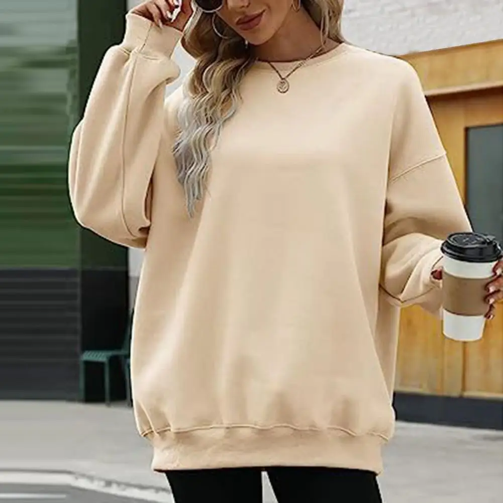 

Women Sweatshirt Loose Round Neck Solid Color Long Sleeve Soft Breathable Pullover Elastic Cuff Fall Winter Lady Top Blouse