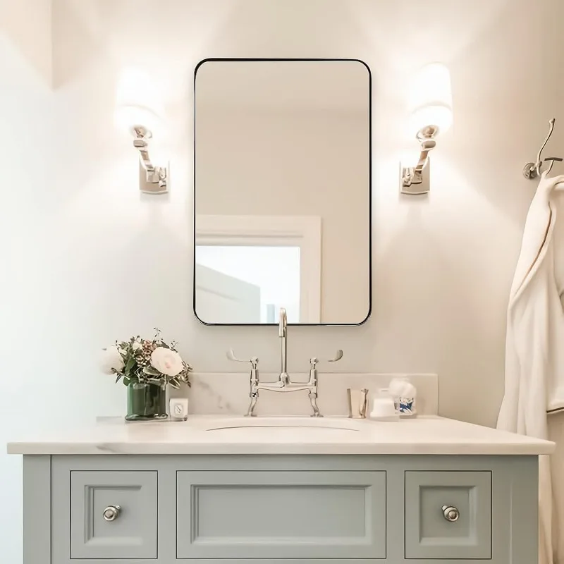 

Mirror for Bathroom, Rectangle Stainless Steel Rounded Corner Mirror with 1’’ Deep Set Design Hangs Horizontal Or Vertical