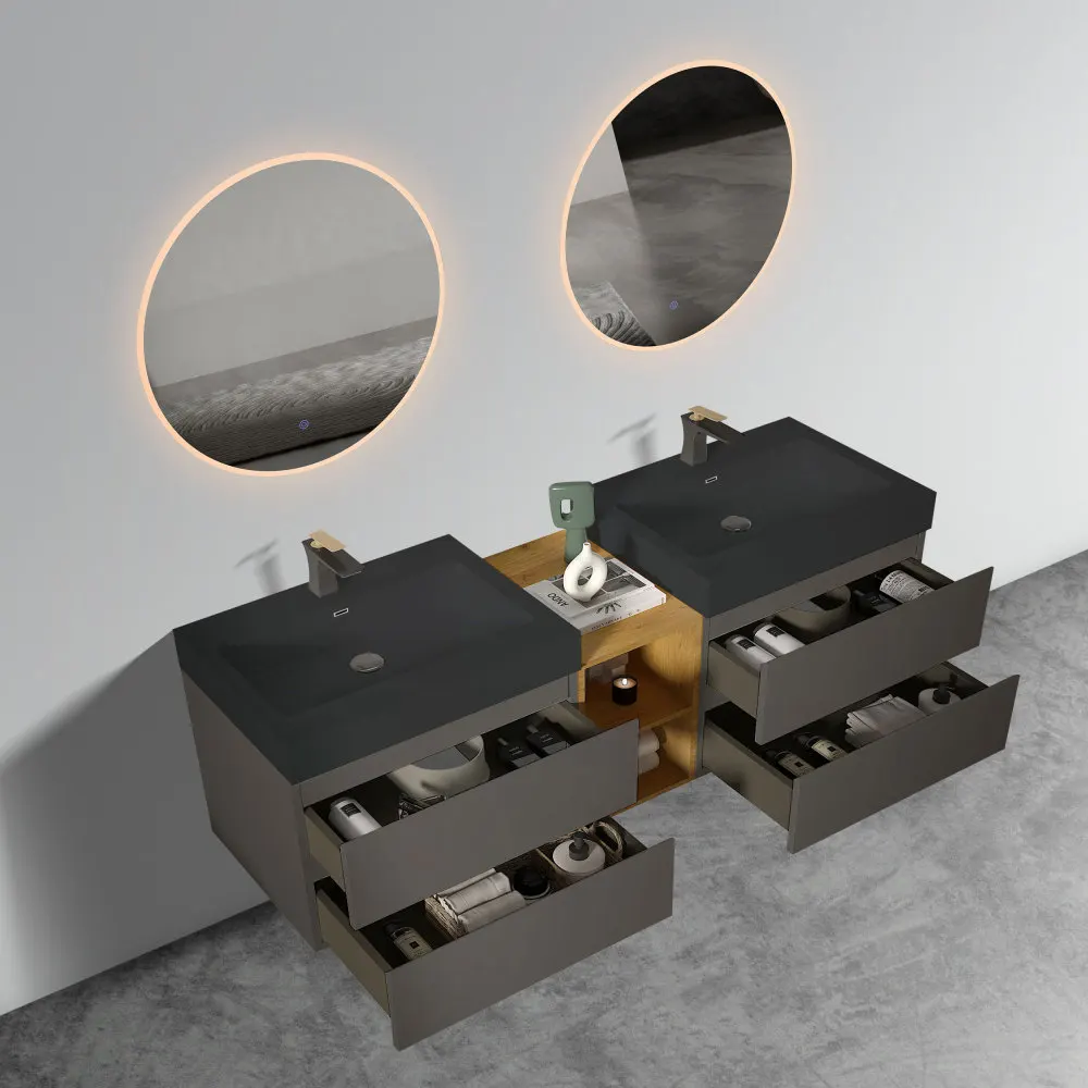 U096-ALICE72W-102 Alice 72" Space Gray Bathroom Vanity With Double Sinks And Open Shelf, Modern Wall Mounted Floating Bathroom V 3