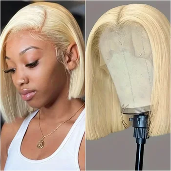 Honey Blonde 613 Short Bob Human Hair Wig Bone Straight 8-14 Inch 13x6 HD Transparent Lace Frontal Wigs For Women 200% Density 1