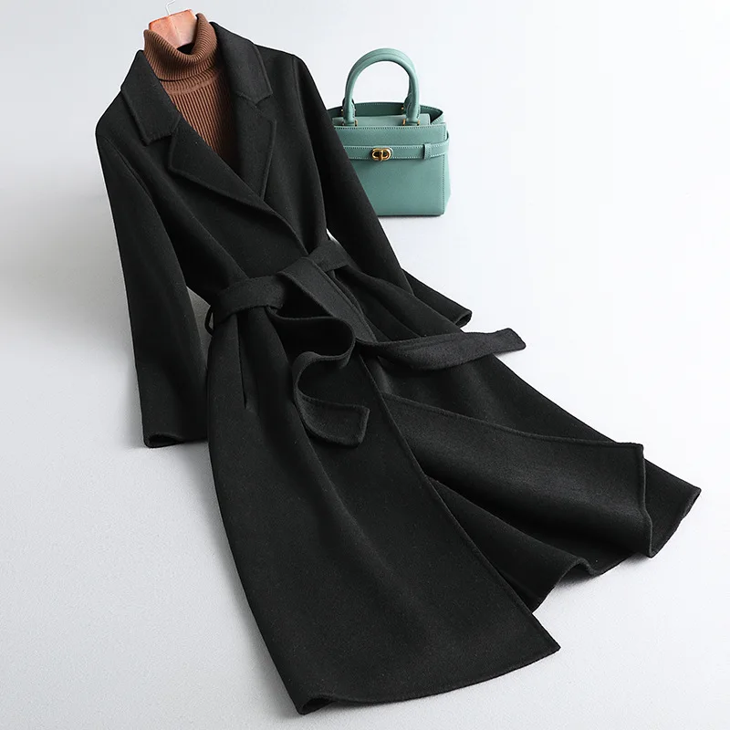 

Double-sided Cashmere Coat Women's Mid length 2023 Autumn/Winter New End Slim Fit and Slim Black Wool Coat Women