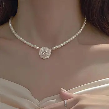 Korean Fashion Camellia Pearl Necklace For Women Jewelry Choker 2025 Trending New Sweet Women's Flower Necklaces Colar Kolye