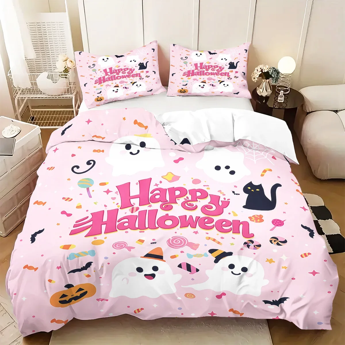 3pcs Halloween pink ghost pattern duvet cover set, 1 duvet cover+2 pillowcases, no core. Soft and comfortable bedding set