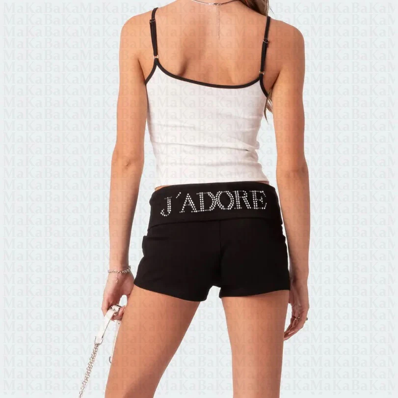 여성용 레터 라인스톤 반바지, 캐주얼 와이드 레그 팬츠, 드로스트링 탄성 허리 바이커 반바지, Y2k 의류 