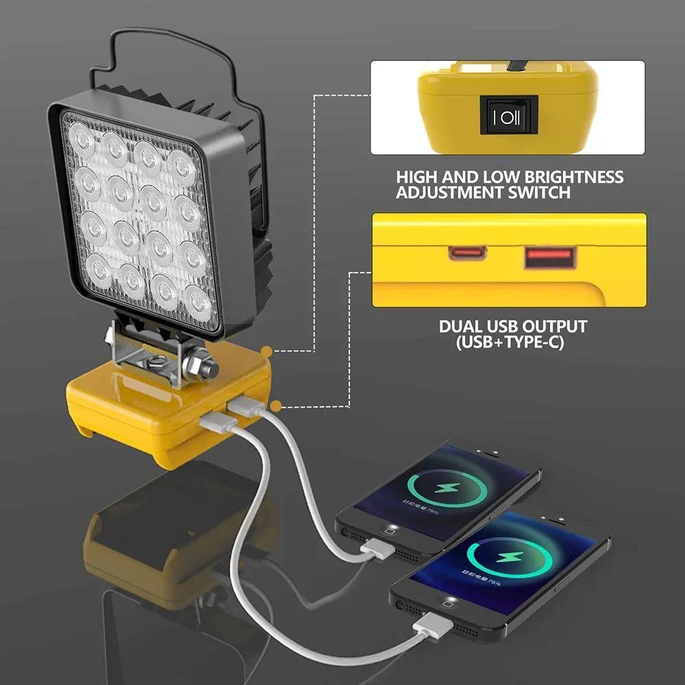 LED Flashlight, LED Work Light, Work Light 16 LED Working Lights Flashlight Torch Spotlights Type C USB Power Bank For DeWalt 18V 20V Lithium Battery High Low Beam Control