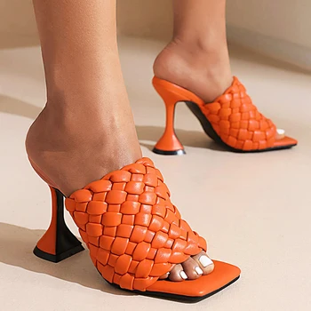 Weave Slippers Big Size Ladies High Heels Square Toe Orange Slip-On Woman Pumps Sexy Peep Toe Female Slides 2022 New Sandals 5