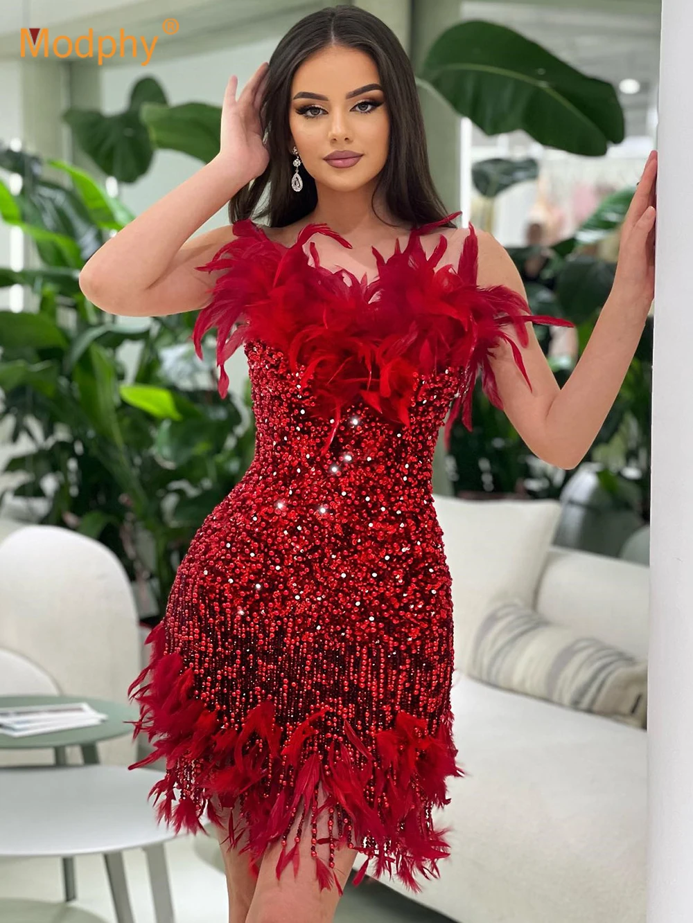 

Modphy Beadings Feather Prom Hocoming Dress Luxury Strapless Tassels Evening Gown Sleeveless Mini Robes De Soiree 2024