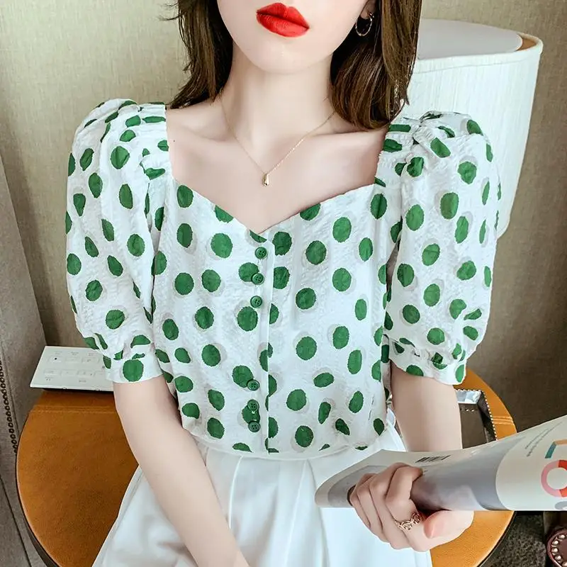 

Elegant Fashion Polka Dot Print Button Chiffon Shirt Woman 2022 Summer Commute All-match Puff Short Sleeve Square Collar Blouses