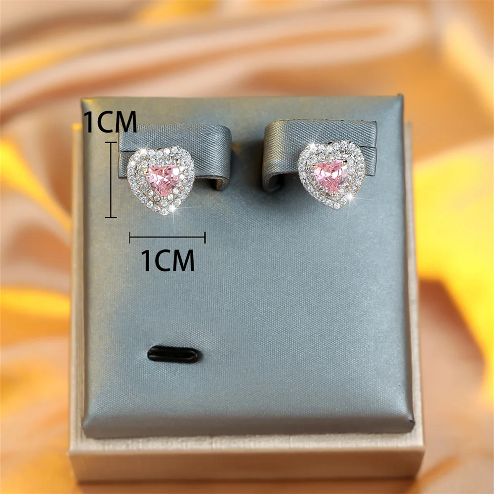 Trendy Pink Crystal White Zircon Love Heart Stud Earrings For Women Vintage Silver Color Wedding Earring Valentine Jewelry Gifts