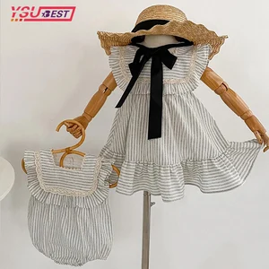 0-6Yrs Summer Sister Clothes Infant Newborn Baby Girl Clothes Sister Dress Female Baby Lace Stripes Short Sleeved Romper Clothes