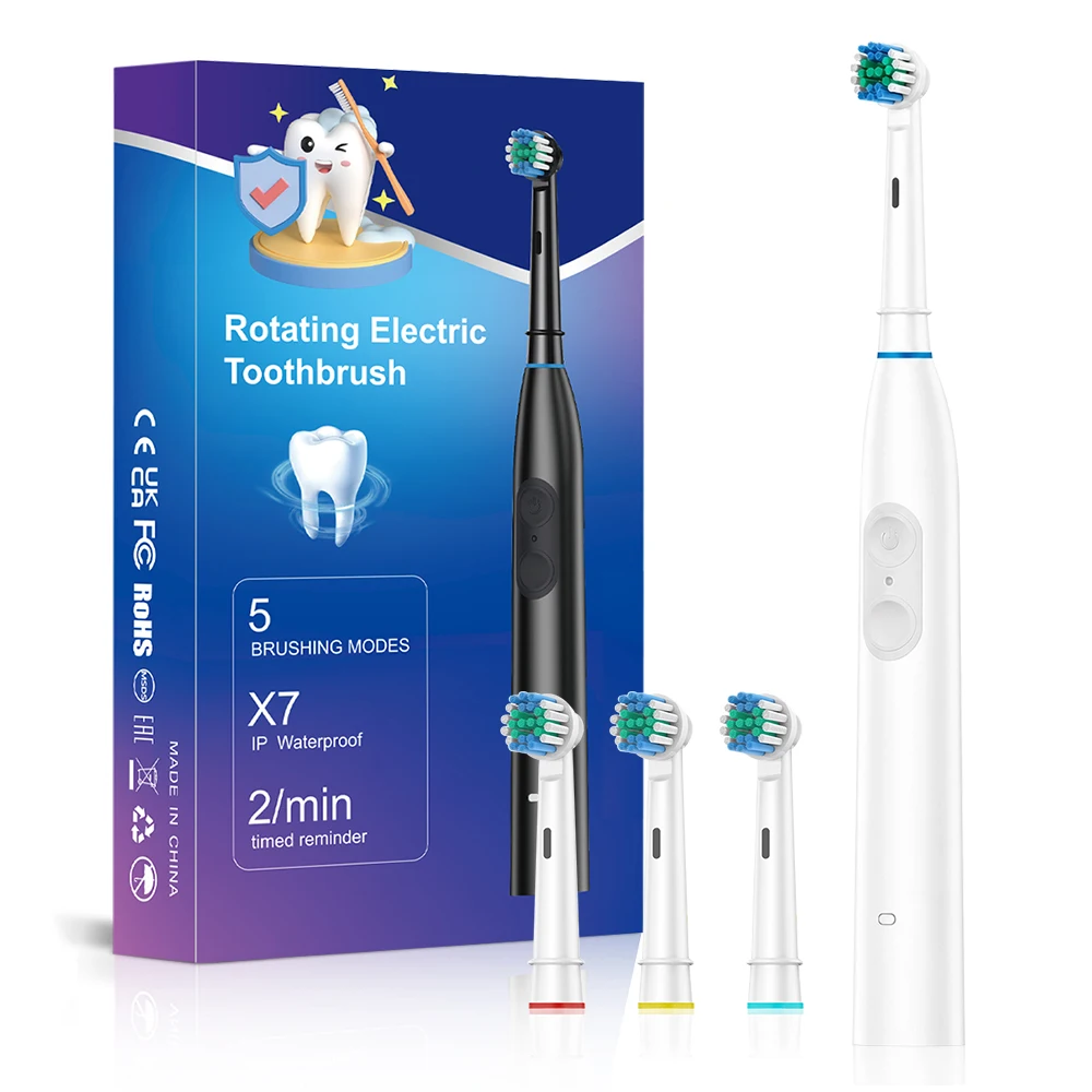 Rechargeable Oscillating Electric Toothbrush for Adults - 5 Modes, Waterproof, with 4 Brush Heads