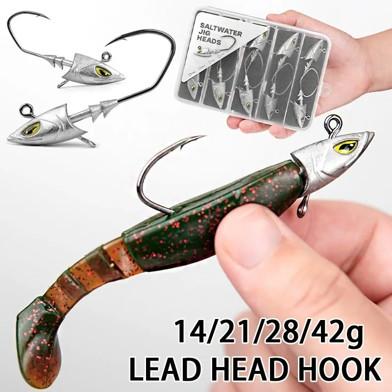 5 hameçons plombés mer avec tête de poisson simulée 14g 21g 28g 42g pour bar dorade