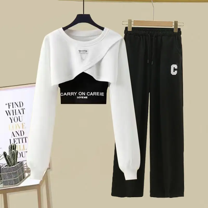 2023 Autumn Casual Set Women's New Sports Long Sleeve Top Strap Tank Top Wide Leg Pants Three Piece Set Shows Slim Fashion