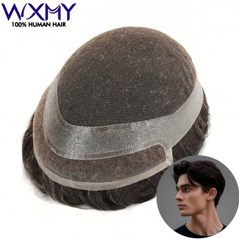 Hollywood Parrucchino Uomo Parrucca Protesi per capelli maschili Traspirante Merletto svizzero e PU Capelli umani naturali Capilar Hombre Parrucchino per uomo