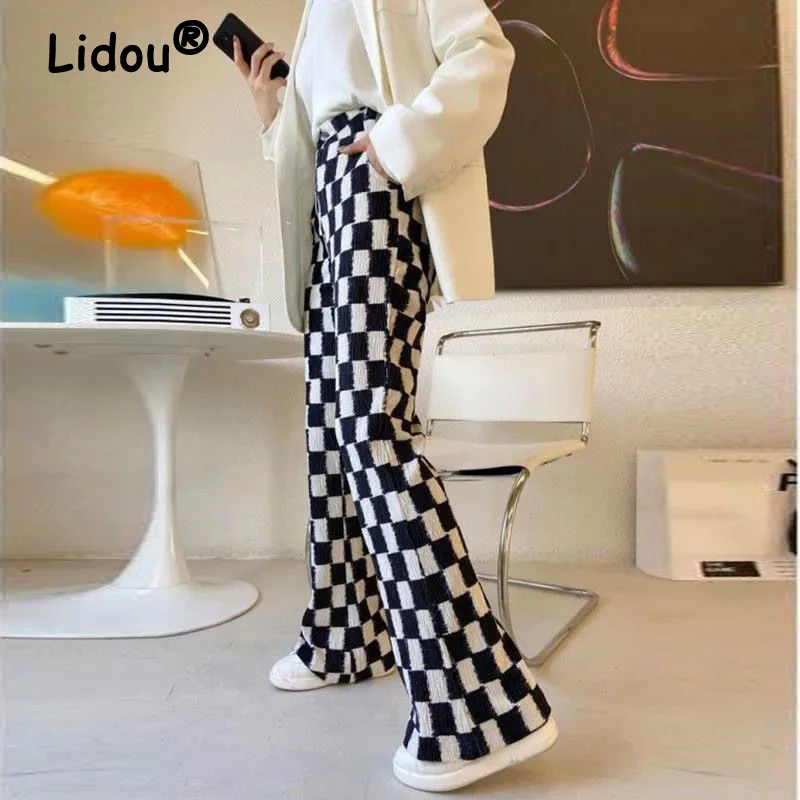 Summer Checkerboard Ice Silk Long Wide Leg Pants Korean Style Fashion Mopping Pants for Female High Street Style Casual Pants vansvans vans casual shoes vn0a3jexpu1 checkerboard