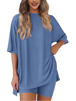 2025 Spring Summer Set Loose Fashion Solid Color Casual Loose Short Sleeve Shorts Set With Pocket Two Piece Suit Pijama Mujer 1