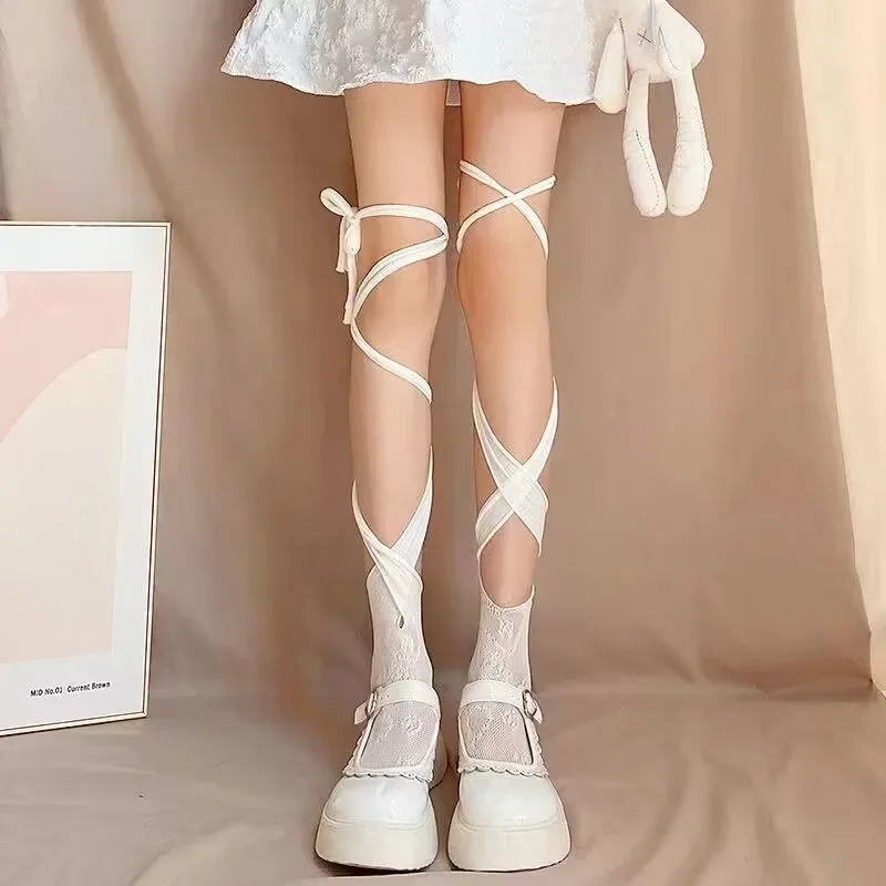 Fishnet Stockings Women Socks Lace Stockings Sexy Bandage Heart Floral Fishnet Stockings Irregular Calf Socks