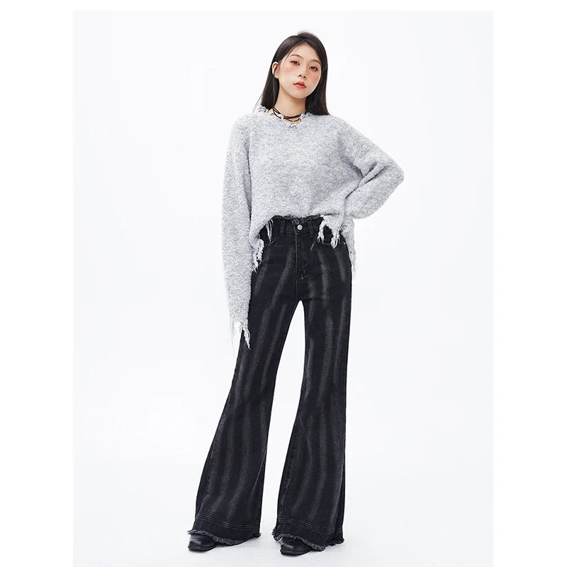 Women Black Jeans Gradient Vintage High Waisted HarajukuWide Leg Pants Fashion Y2K Style Straight Winter Female Denim Trouser